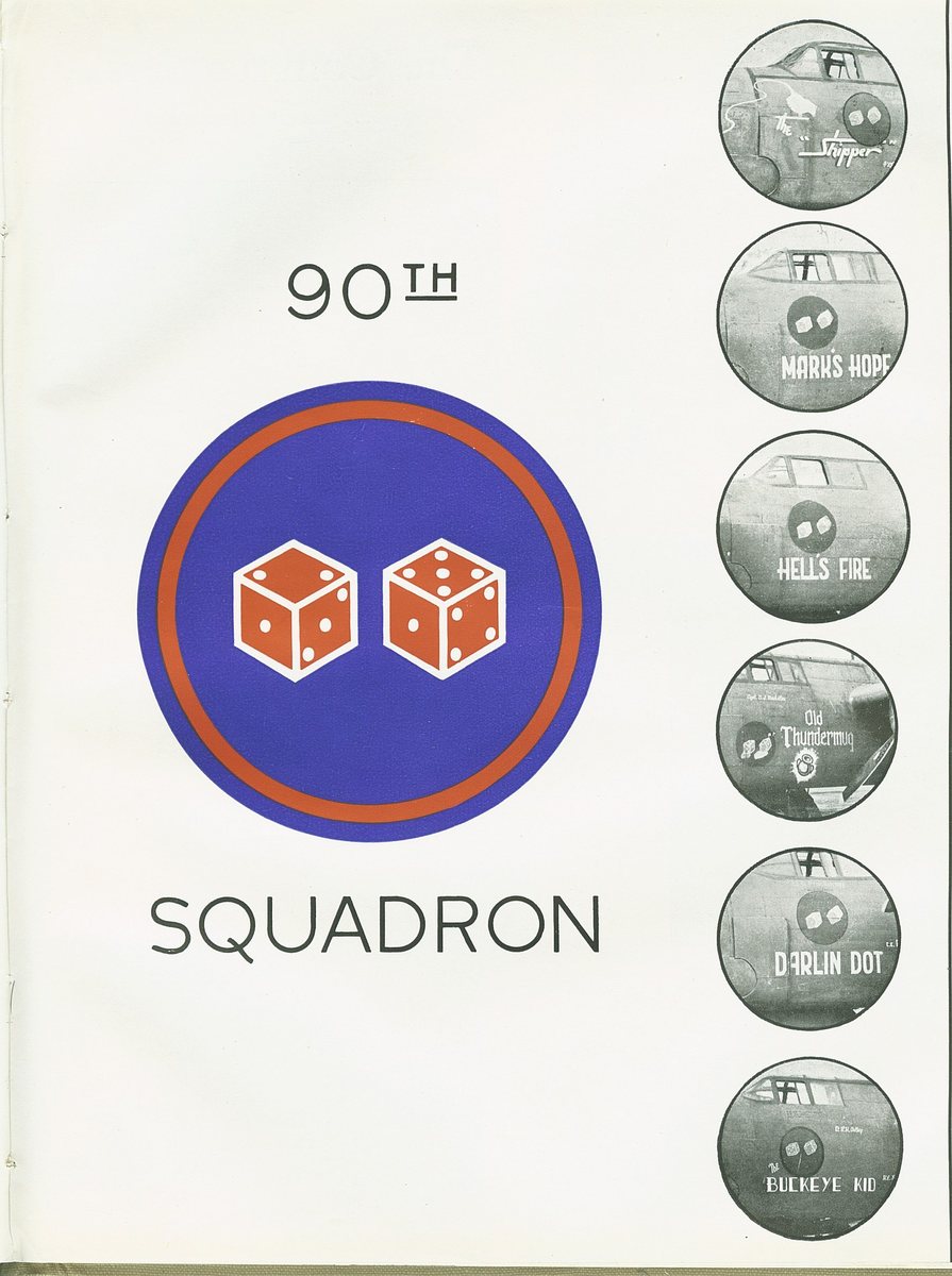 The squadron insignia alongside named B-25 noses: The Skipper, Mark's Hope, Hell's Fire, Old Thundermug, Darlin Dot, The Buckeye Kid.
