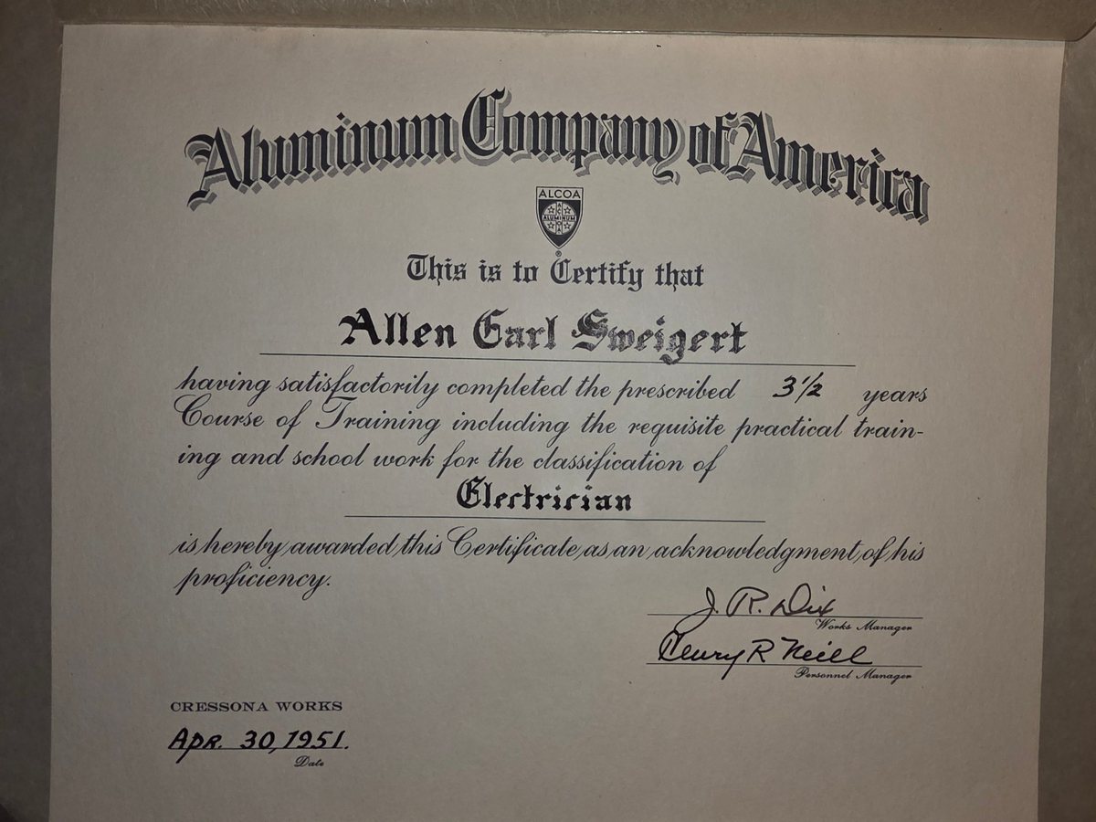 His Alcoa electrician's certificate, Cressona Works, April 30, 1951.