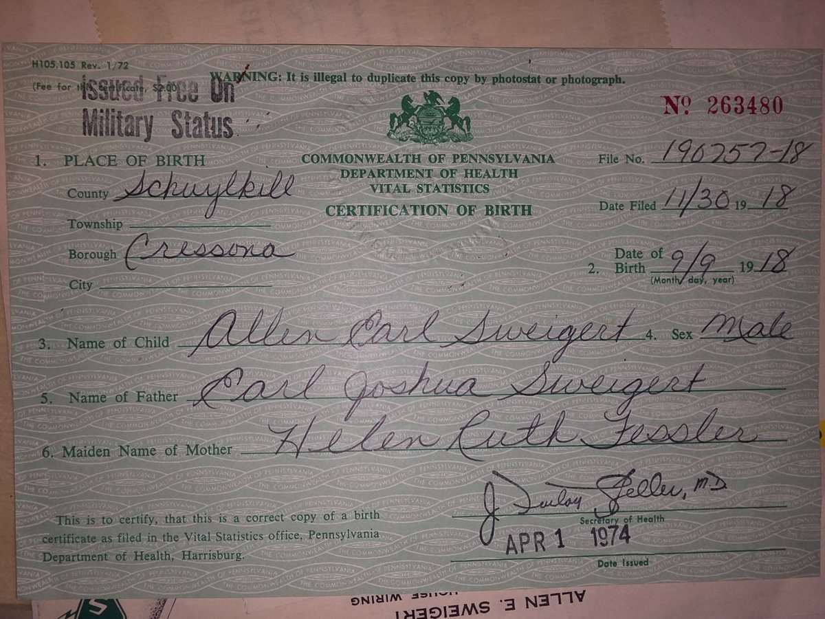 His Pennsylvania certification of birth, filed November 30, 1918 &mdash; recording his full name as Allen Earl Sweigert &mdash; named for his father, Earl Joshua Sweigert, whose own name is written in the same hand further down the same sheet. The E. he used all his life stood for Earl.