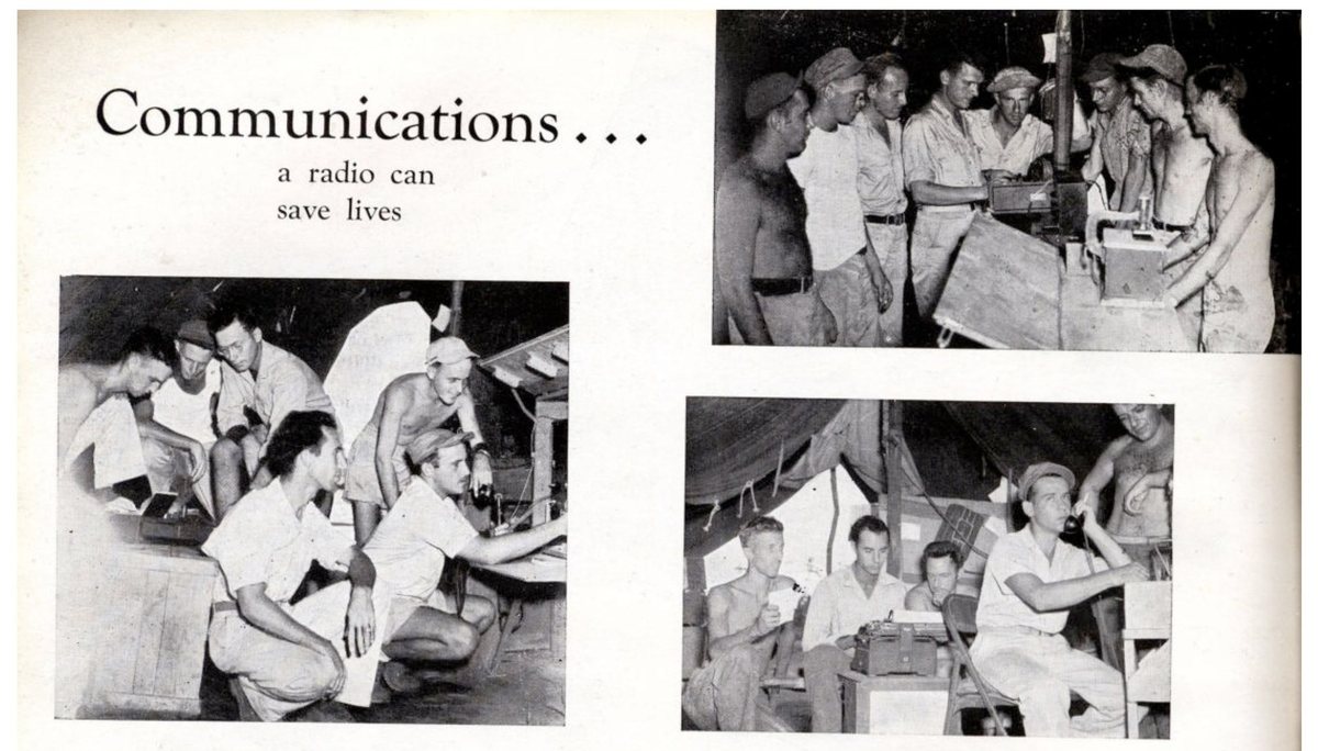 This print is a page from the 90th Squadron's own chapter of the 3rd Bomb Group's published unit history, The Reaper's Harvest, captioned in the book itself, &ldquo;a radio can save lives.&rdquo; The airmen aren't individually named, but this is Allen's own squadron's Communications section — the same department he ran as Communication Chief.