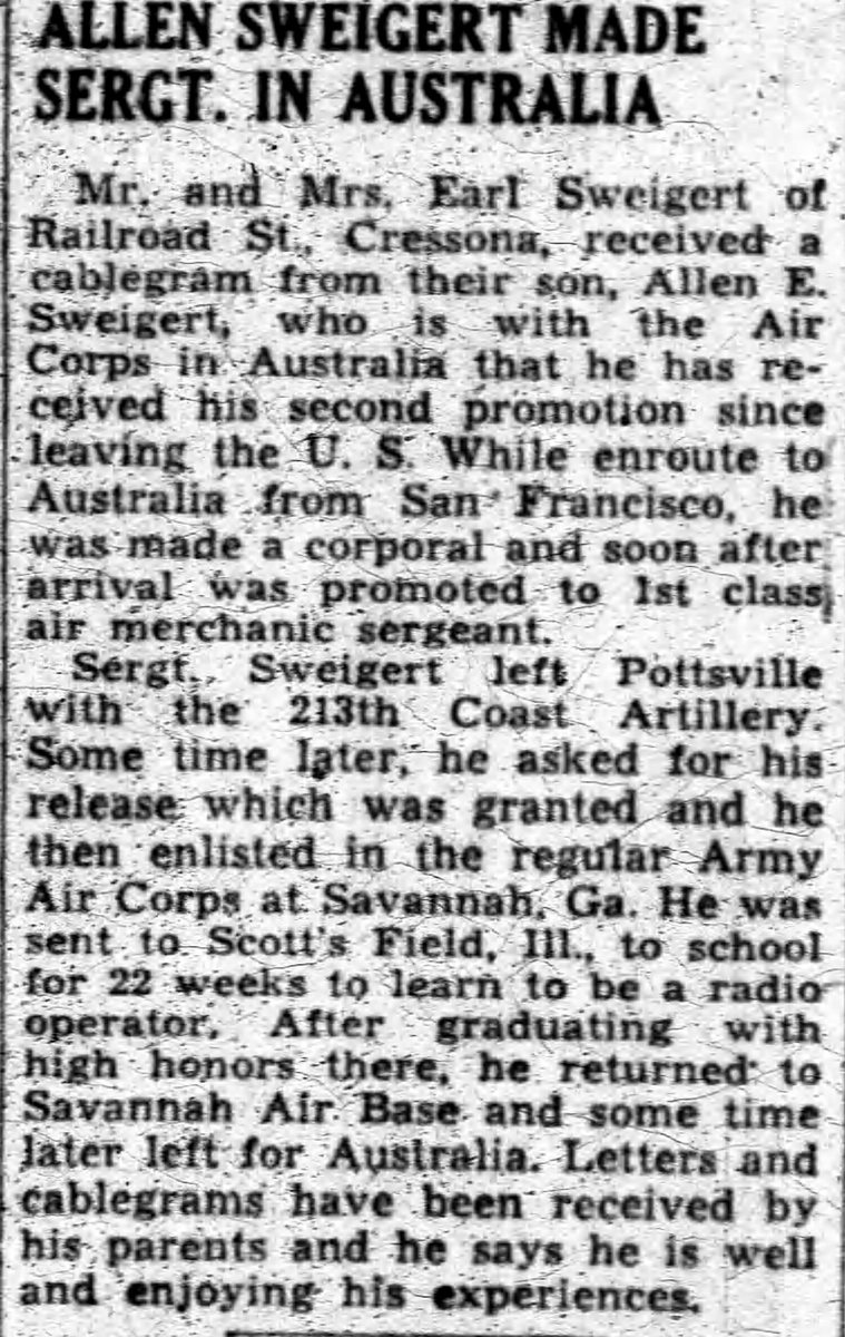 The same news as the Pottsville Republican had set it the day before, on Thursday 28 May 1942. The wordings differ throughout, and on one point -- how long he was back at Savannah before sailing -- the two papers disagree outright. Credit: Pottsville Republican.