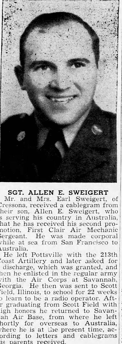 The Call of Schuylkill Haven, Friday 29 May 1942, front page &mdash; the news of his promotion, sent home by cablegram from Australia. The notice sets out his whole route into the Air Corps, and it is the source for the detail that the discharge from the Guard was granted at his own request. Credit: The Call, Schuylkill Haven.