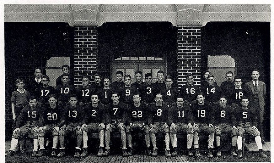 The Cressona High School football team, from the 1935 <i>Maroon and White</i>. Allen is number 3, sixth from the left in the back row. Coach Stauffer stands at the right in a suit.