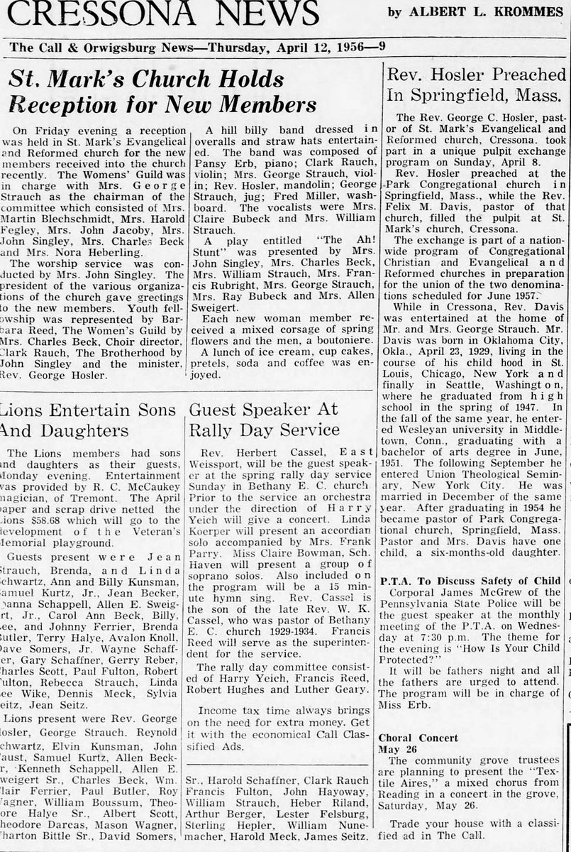 The Cressona News column in The Call & Orwigsburg News, Thursday, 12 April 1956. Allen and Catherine and their nine-year-old son are all on this one page &mdash; he at the Lions with Allen Jr. as his guest, she in the cast of a play at St. Mark&rsquo;s. Credit: The Call and the Orwigsburg News.