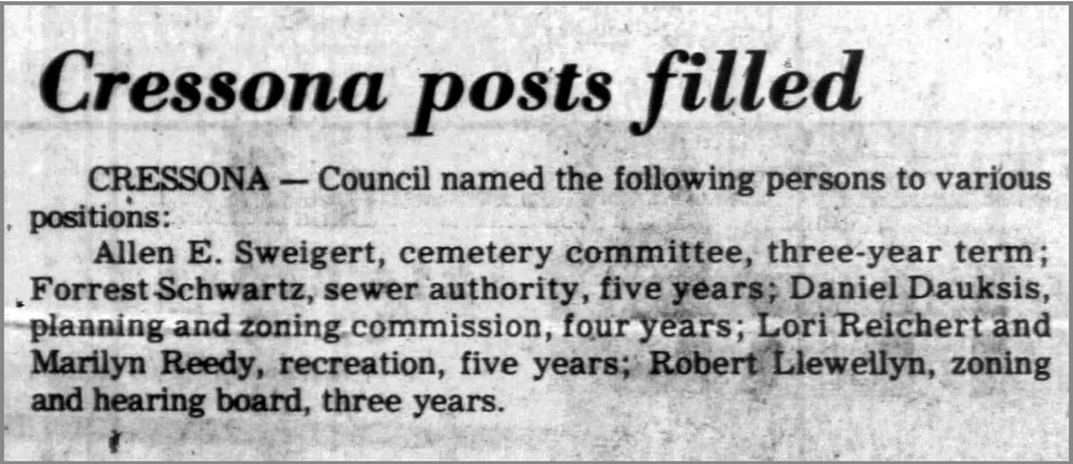 Pottsville Republican, Friday 5 February 1982 &mdash; the item that breaks the arithmetic. He is on the cemetery committee two years before twenty years back from 2004 would have started. Credit: Pottsville Republican.
