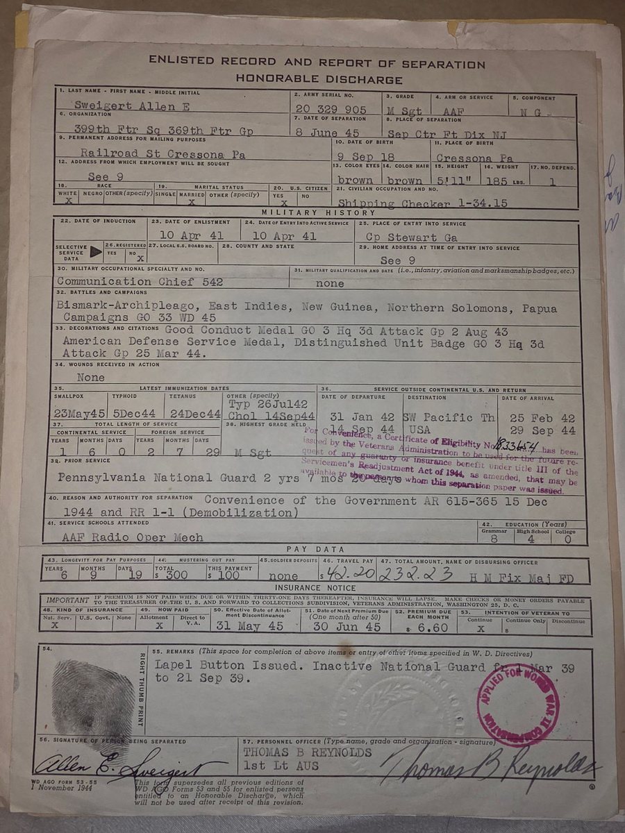 Serial No. 20 329 905; Military Occupational Specialty, Communication Chief (542); campaigns credited: Bismarck Archipelago, East Indies, New Guinea, Northern Solomons, Papua (GO 33 WD 45); decorations: Good Conduct Medal (GO 3, Hq 3d Attack Gp, 2 Aug 43), American Defense Service Medal, and Distinguished Unit Badge (GO 3, Hq 3d Attack Gp, 25 Mar 44). Departed for the Southwest Pacific Theater January 31, 1942; arrived back in the USA September 29, 1944 &mdash; 2 years, 7 months, 29 days of foreign service. Separated for the &ldquo;Convenience of the Government,&rdquo; mustered out with $300 plus $42.20 travel pay.