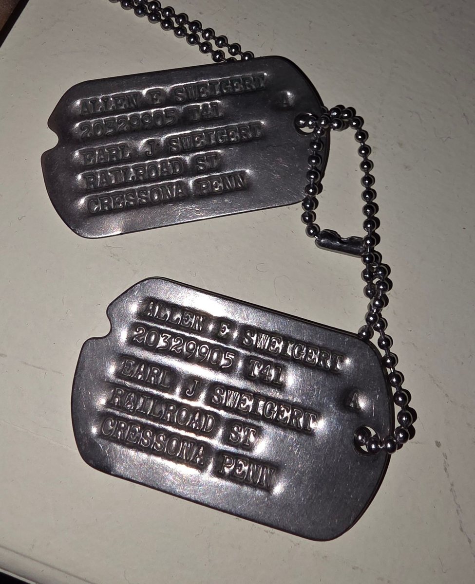 His own dog tags, the same serial number as his discharge papers: ALLEN E SWEIGERT / 20329905 T41 / EARL J SWEIGERT (his father and next of kin) / RAILROAD ST / CRESSONA PENN. The &ldquo;A&rdquo; is his blood type.