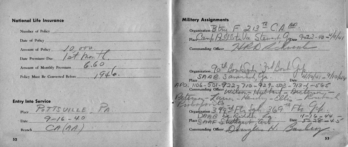 Allen's own handwritten service record book — the source of the table above.