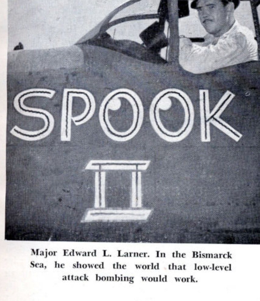 Major Edward L. Larner in the cockpit of Spook II — a page from the unit history book, not one of Allen's own frames, this comes from the 3rd Bomb Group's published unit history, The Reaper's Harvest, showing the same aircraft as the photo Allen himself took on the previous page.