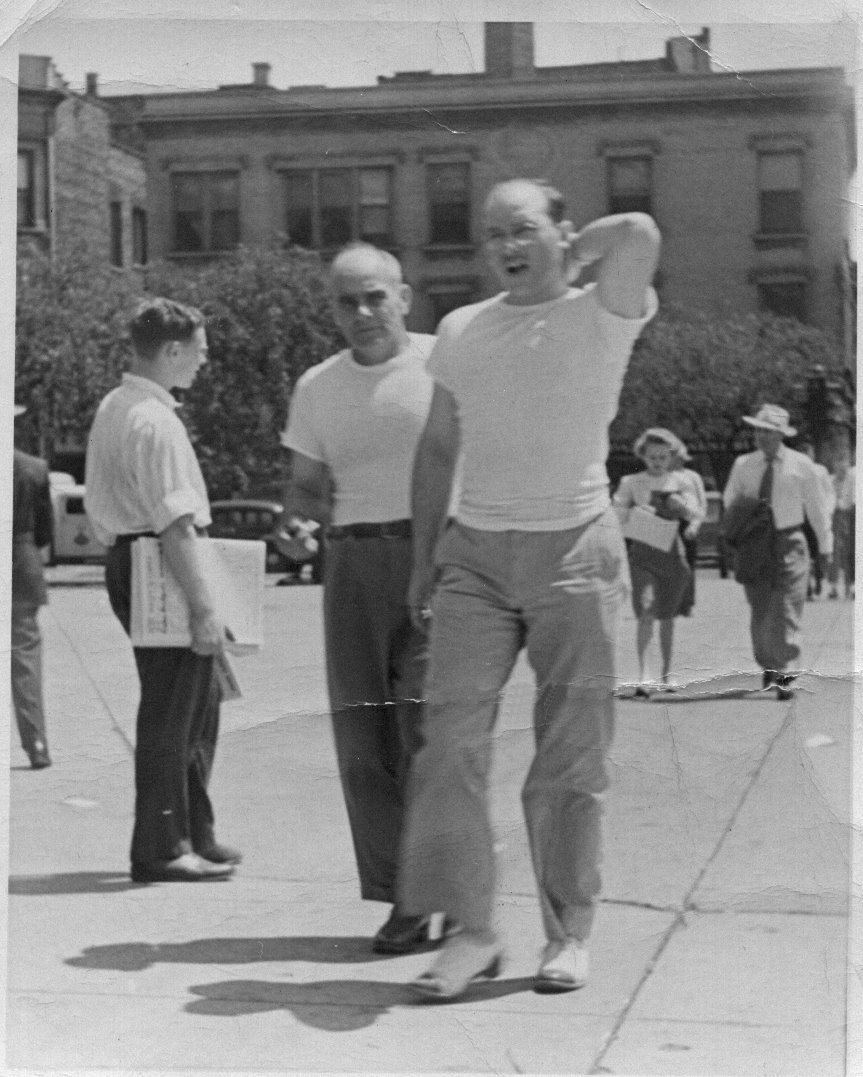 Allen and his father, Earl J. Sweigert, on a Chicago street, 1945 — while Allen attended Coyne Electrical School.