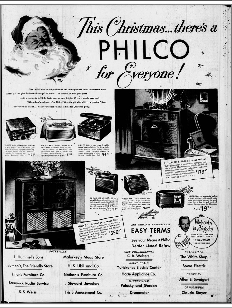 Pottsville Republican, Wednesday 3 December 1947, page 9 &mdash; the whole page as it ran. The Philco 1270 at the lower left is $359.50, about four months&rsquo; wages for a man in the aluminium works. &ldquo;Wednesday is Bingsday: Philco Radio Time with Bing Crosby &mdash; 10 PM, WPAM, 1450 on your dial.&rdquo; Credit: Pottsville Republican.