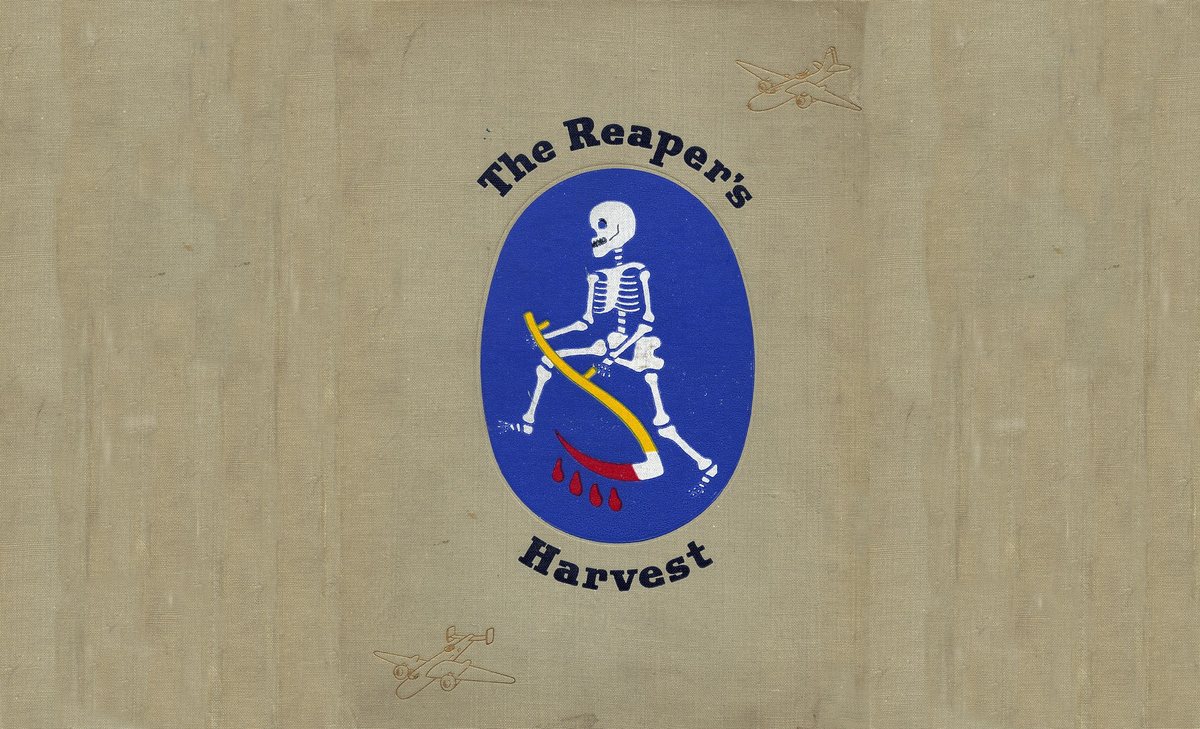 The tan linen cover of a unit history book, bearing a blue oval with a white skeleton striding behind a scythe whose red blade drips three drops of blood, lettered in an arch "The Reaper's" above and "Harvest" below; two twin-engine bombers are embossed faintly in the cloth at opposite corners.