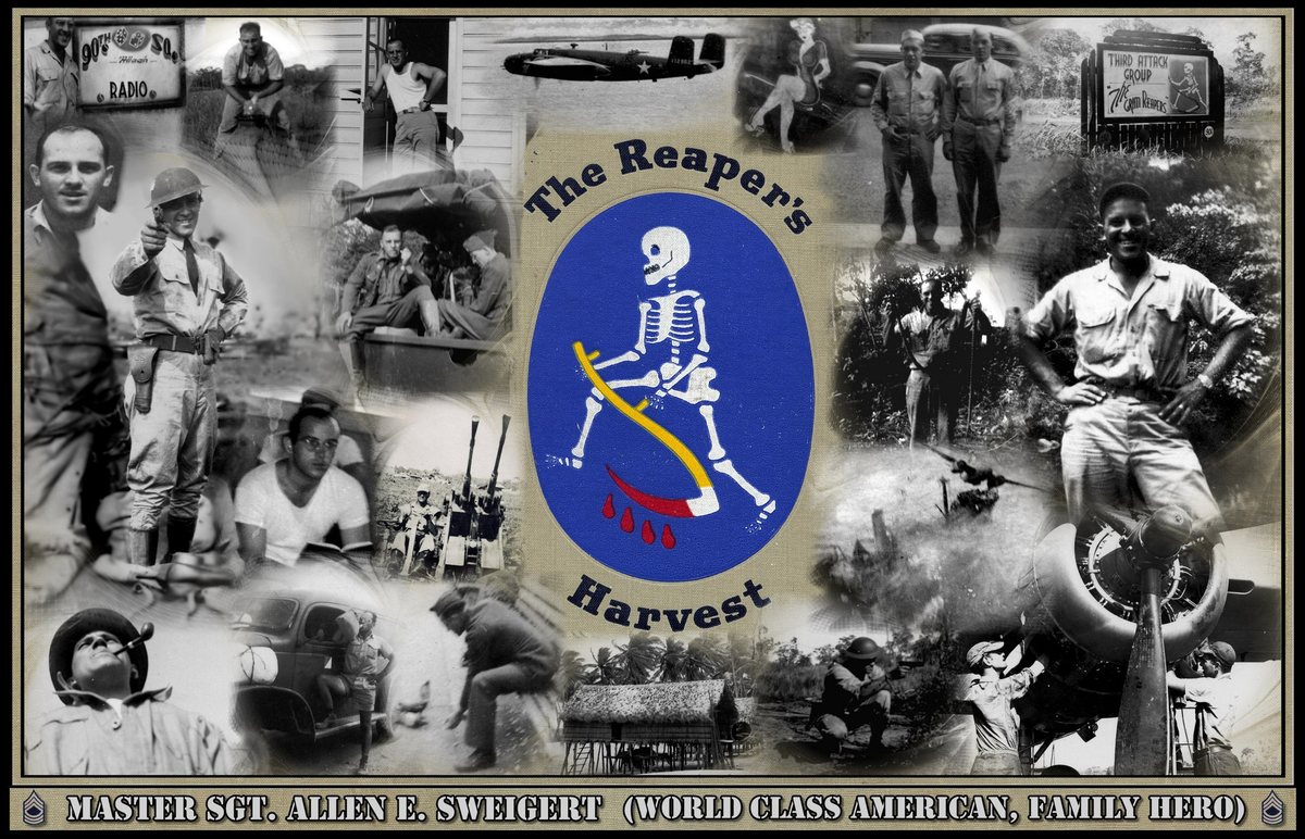 A collage of Allen's wartime photographs and the Reaper's Harvest book, given to him as a Christmas gift in 2011.