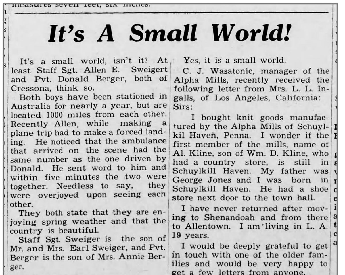 The Call, Schuylkill Haven, Friday 29 January 1943 &mdash; the chance meeting as it reached home, seventeen days after the group left Australia for Port Moresby. The right-hand column begins an unrelated item about another family and is not part of this story. Credit: The Call, Schuylkill Haven.