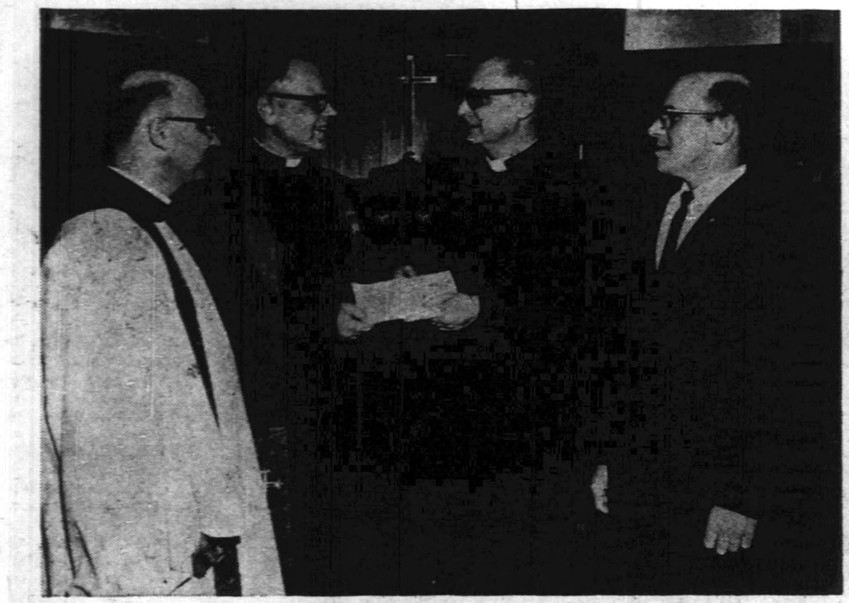 St. Mark&rsquo;s United Church of Christ, Cressona, Sunday evening 6 March 1966. Allen at the right, the only man in the frame not in clerical dress, at the installation of the minister his committee had called. Identification is by the caption&rsquo;s left-to-right order.