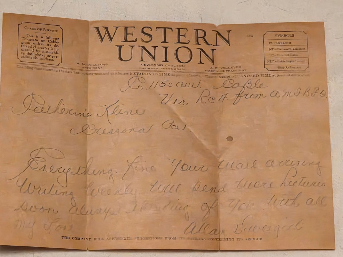 Western Union cablegram, Allan Sweigert to Catherine Kline, Cressona, Pa., sent via RCA from his overseas Army Post Office.
