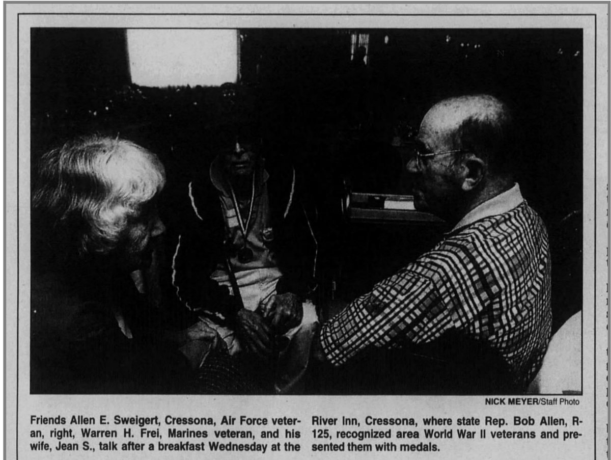 Republican & Herald, Thursday 23 September 2004. Allen at eighty-six, right, with Warren H. Frei and his wife Jean S., after a breakfast at the River Inn, Cressona, where the county&rsquo;s surviving World War II veterans were recognised. Photograph by Nick Meyer, staff.