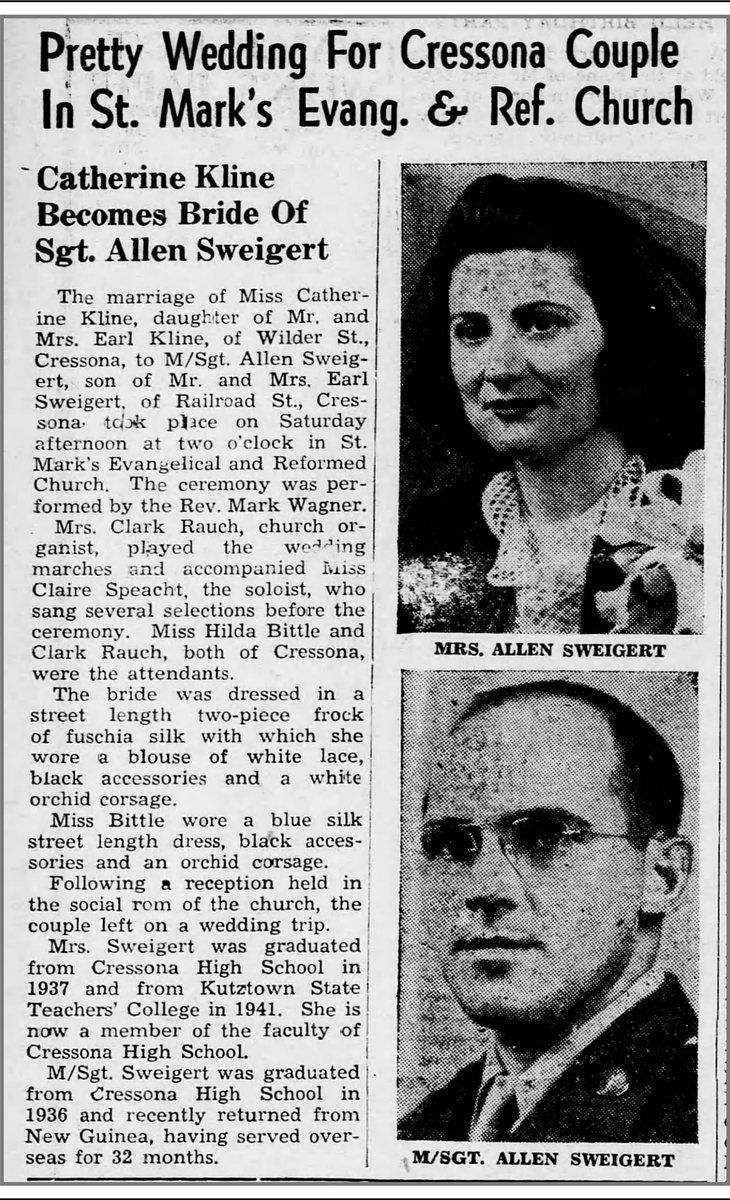 The Call, Schuylkill Haven, Friday 20 October 1944, page 4. The wedding was the Saturday before &mdash; 14 October, at two o&rsquo;clock, in St. Mark&rsquo;s Evangelical and Reformed Church, the Rev. Mark Wagner officiating. Credit: The Call, Schuylkill Haven.