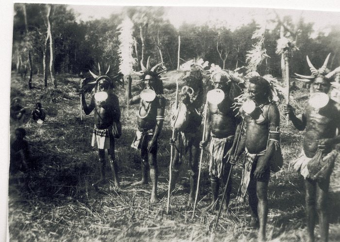 New Guinea highlanders in elaborate feathered headdresses and shell nose ornaments, spears in hand.