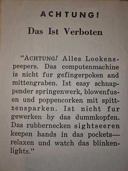 “Achtung! Das Ist Verboten” — a tongue-in-cheek mock-German warning sign from Allen's own collection, GI humor kept alongside the wartime documents.