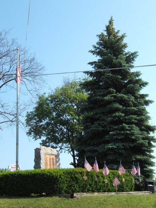 A village war memorial: a rough granite boulder set with a bronze tablet of names, and small United States flags in bronze grave-marker holders ranked along the hedge in front. The flag on the pole beside it hangs slack at the top of the staff in still air; overhead power lines cross the frame, and a red commercial sign behind the shrubbery is only partly readable, as "AGW...".