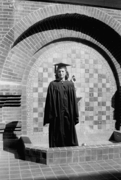 Catherine in cap and gown at her Kutztown State Teachers College graduation, while Allen was overseas.
