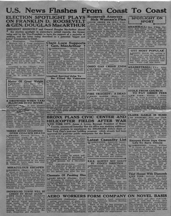 “Guinea Gold,” the New Guinea field newspaper: U.S. wire-service news. Credit: Guinea Gold, the Australian Army's field newspaper in New Guinea; from his own copy.