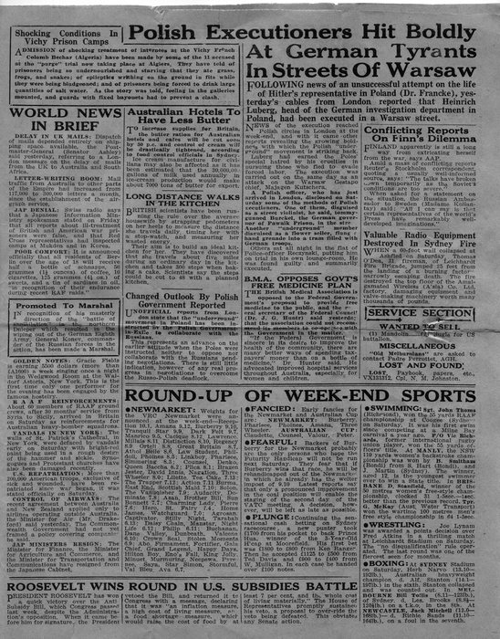 “Guinea Gold” carrying European war news and sports. Credit: Guinea Gold, the Australian Army's field newspaper in New Guinea; from his own copy.