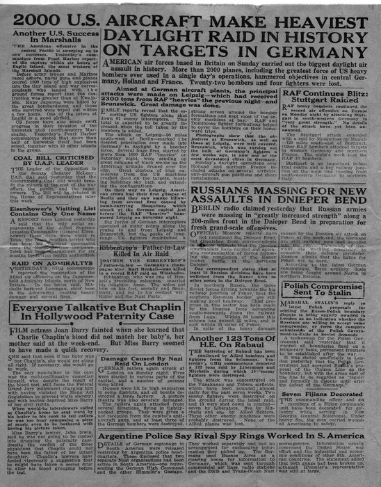 “Guinea Gold” reporting a 2,000-plane raid on Germany. Credit: Guinea Gold, the Australian Army's field newspaper in New Guinea; from his own copy.