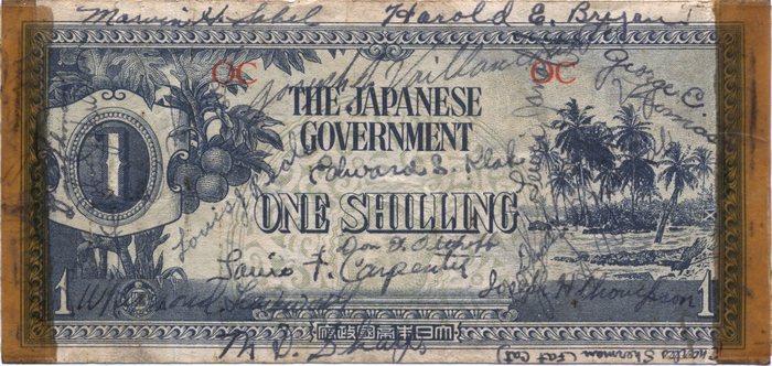A Japanese occupation “One Shilling” note covered in servicemen's signatures — a wartime “short snorter.” Legible names include Marvin H. Sabel, Harold E. Bryant, Edward S. Klak, Louis F. Carpenter, and Joseph H. Thompson; several more signatures are present but too faded or overlapping to read with confidence.