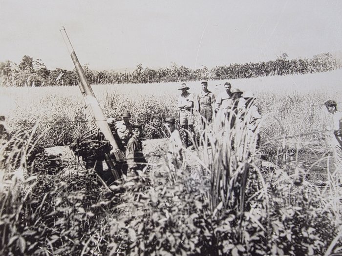 An anti-aircraft gun emplaced in shoulder-high kunai grass, the barrel at high elevation and the mounting sunk behind a low earth or sandbag parapet. Eight or so men stand about the pit, several of them looking at the camera; the man at the right of the breech wears an overseas cap and has chevrons on his sleeve. Ammunition boxes sit on the platform beside the gun.